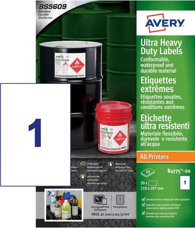 Avery AVERY UL RES LABELS 210X297MM PK20