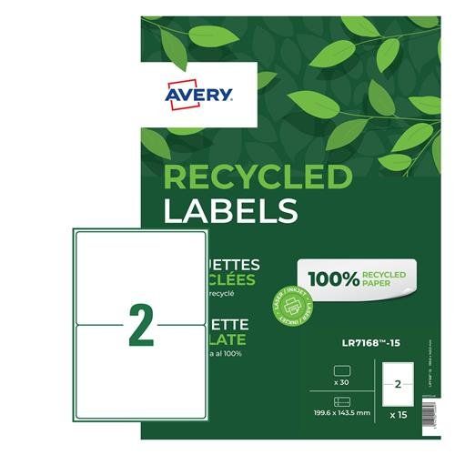 Avery Laser Recycled Address Label 199.6x143.5mm 2 Per A4 Sheet White (Pack 30 Labels) LR7168-15 - Image 1