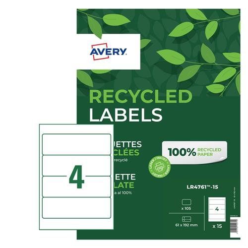 Avery Recycled Filing Label Lever Arch File 192x61mm 4 Per A4 Sheet White (Pack 60 Labels) LR4761-15 - Image 1