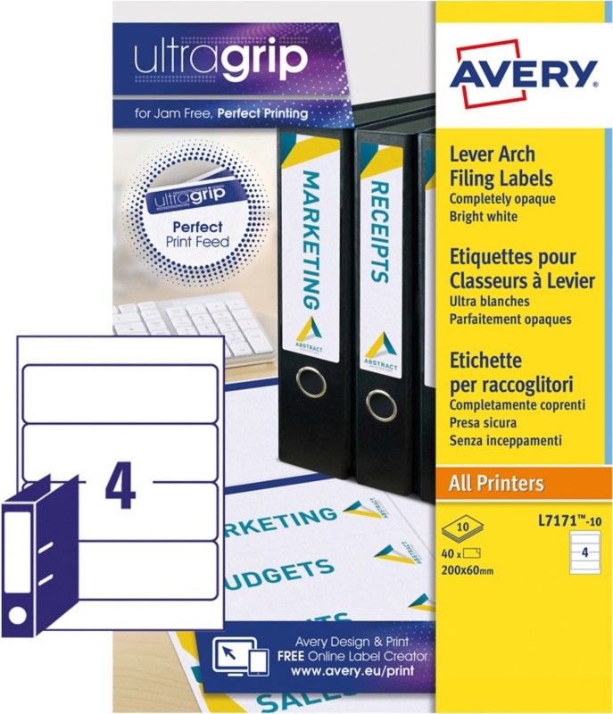 Avery Laser Filing Label Lever Arch File 200x60mm 4 Labels per Sheet White (Pack 40 Labels) L7171-10 - Image 1