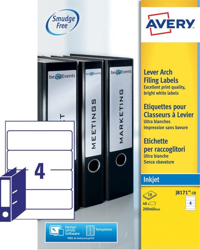 Avery Lever Arch Labels Inkjet 200x60mm White 4 Labels per Sheet (Pack 40 Labels) - J8171-10 - Image 1