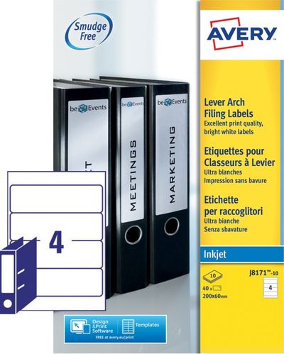Avery Lever Arch Labels Inkjet 200x60mm White 4 Labels per Sheet (Pack 40 Labels) - J8171-10