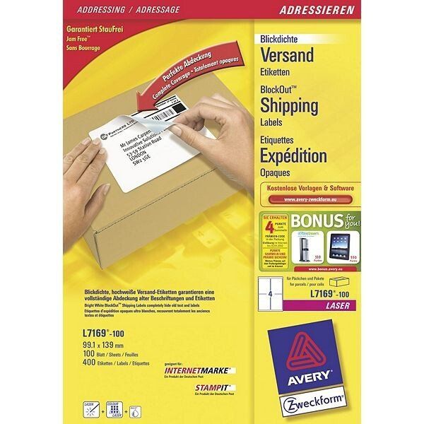 Avery L7169-100 self-adhesive label White 400 pc(s) - Image 1