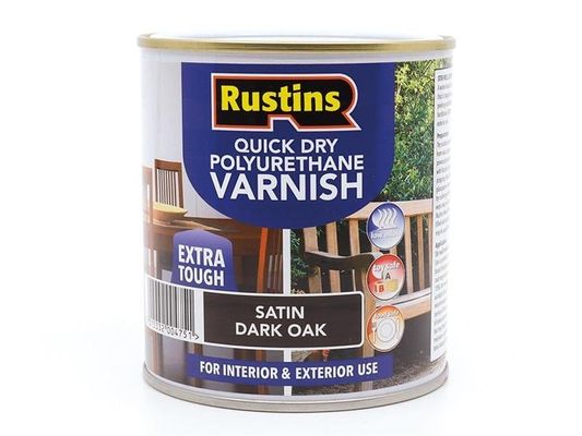 Rustins, Quick Dry Polyurethane Varnish, Satin Dark Oak, 500ml, Water-Based - Brown
