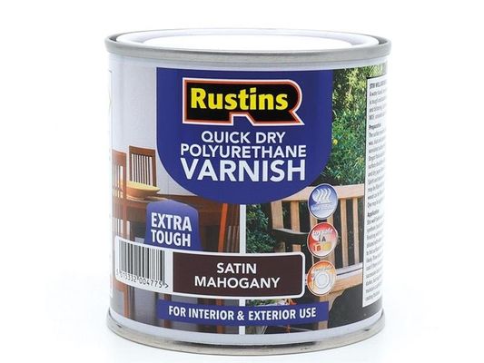 Rustins, Quick Dry Polyurethane Varnish, Satin Mahogany, 250ml, Water-Based - Brown