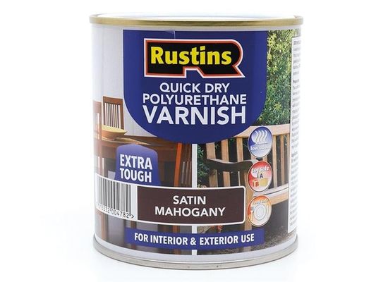 Rustins, Quick Dry Polyurethane Varnish, Satin, Mahogany, 500ml, Water-Based - Brown