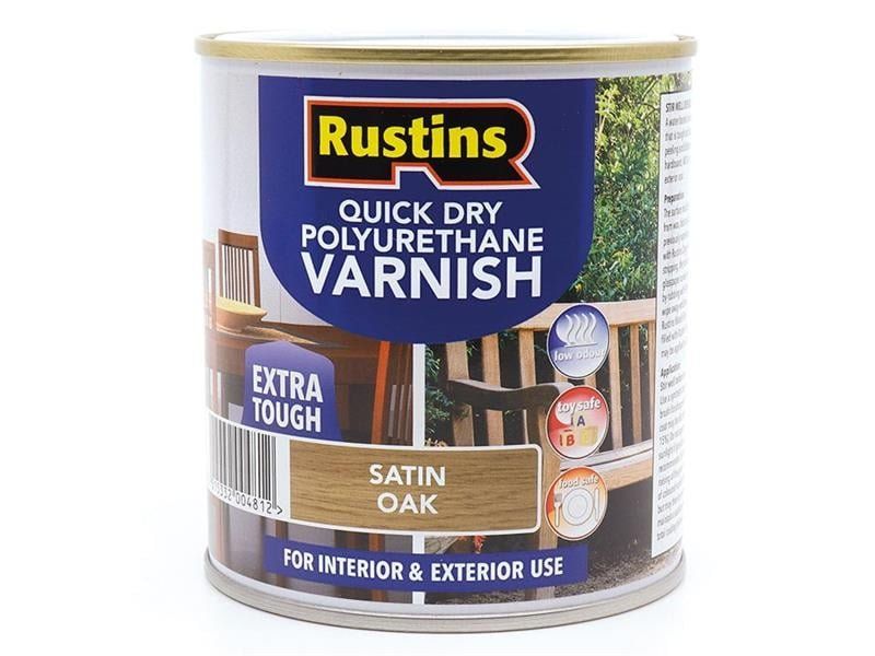 Rustins, Quick Dry Polyurethane Varnish, 500ml, Satin Oak, Water-Based - Brown - Image 1