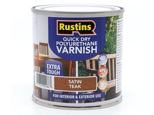 Rustins, Quick Dry Polyurethane Varnish, Satin Teak, 250ml, Water-Based - Brown