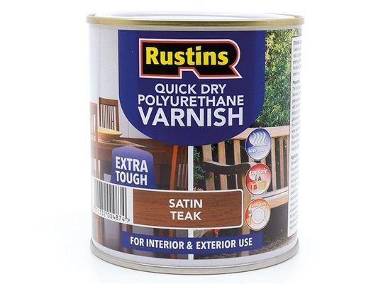 Rustins, Quick Dry Polyurethane Varnish, Satin Teak, 500ml, Water-Based - Brown