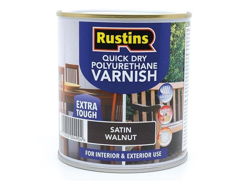 Rustins, Quick Dry Polyurethane Varnish, Satin Walnut, 500ml, Water-Based - Brown - Image 1