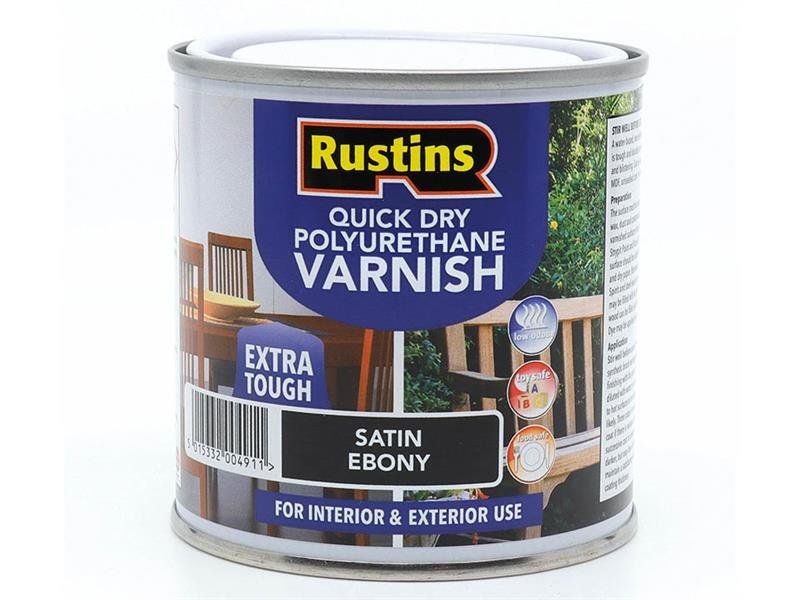 Rustins, Quick Dry Polyurethane Varnish, Satin Ebony, 250ml, Water-Based - Black - Image 1