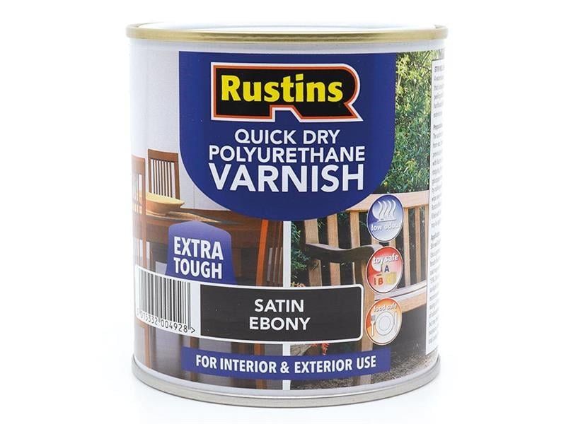 Rustins, Quick Dry Polyurethane Varnish, 500ml, Satin Ebony, Water-Based - Black - Image 1