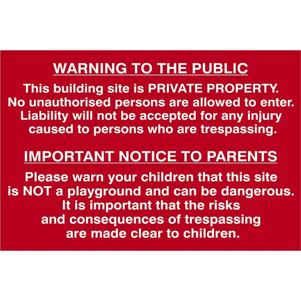 Scan 4251 Building Site Warning To Public & Parents - Pvc Sign 600 X 400Mm - Image 1