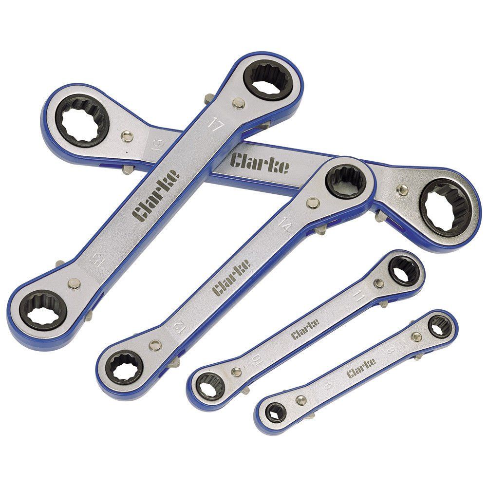 Clarke Clarke PRO41 5 piece 6 - 21mm Angle Head Ratchet Ring Spanner Set - Image 1