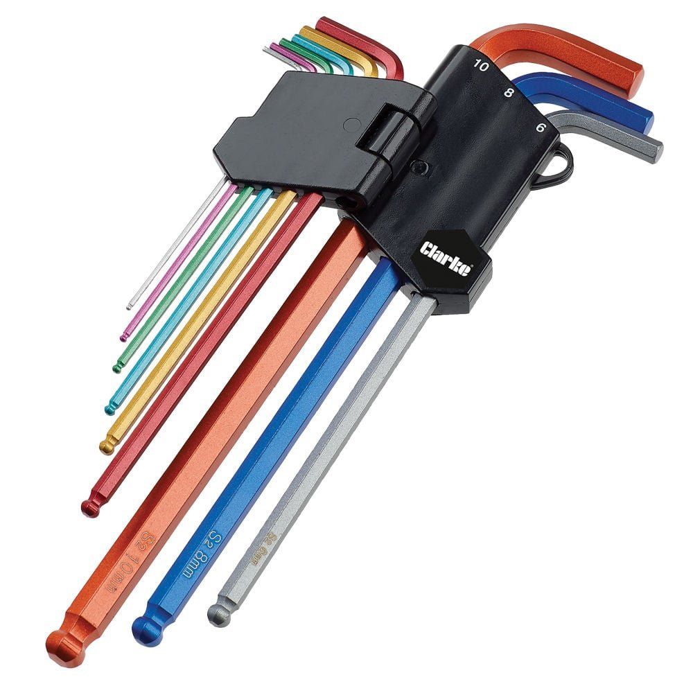 Clarke 1700750 Pro344 9 Piece Colour Coded Extra-Long Ball End Metric Hex Key Set - Image 1