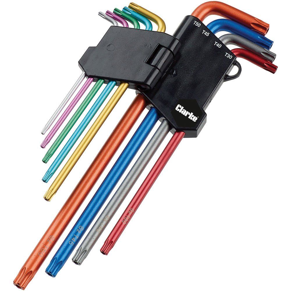 Clarke 1700751 Pro345 9 Piece Colour Coded Extra-Long Star Key Set - Image 1