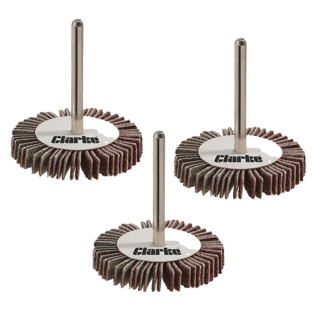 Clarke Clarke 3 Pack 3mm Shank Flap Wheels 32x5x3mm - Assorted Grit - Image 1