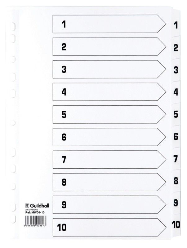 Guildhall Exacompta Index 1-10 A4 160gsm Card White with White Mylar T - Image 1