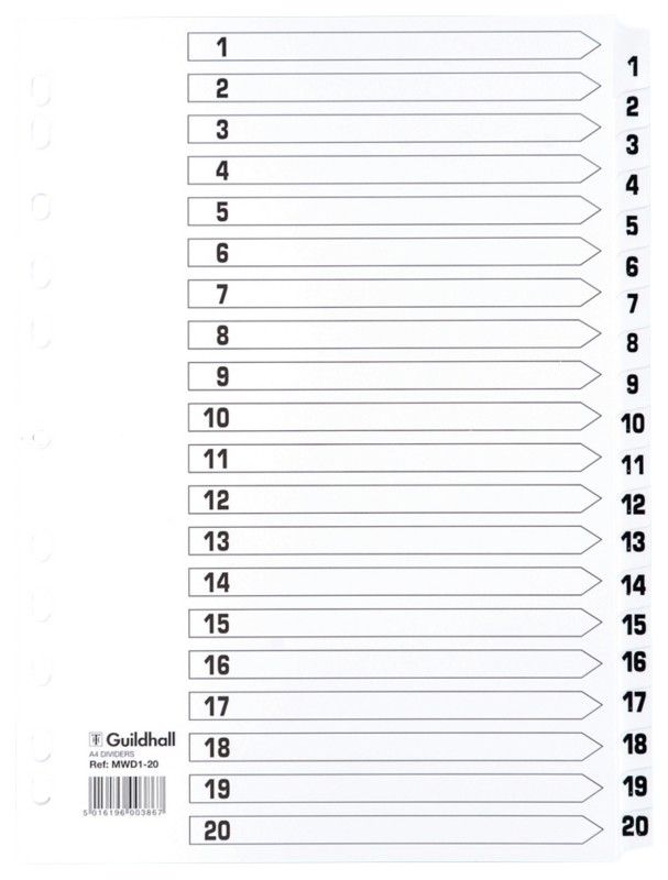 Guildhall Exacompta Index 1-20 A4 160gsm Card White with White Mylar T - Image 1