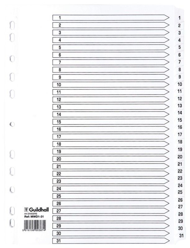 Guildhall Exacompta Index 1-31 A4 160gsm Card White with White Mylar T - Image 1