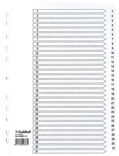Guildhall Exacompta Index 1-31 A4 160gsm Card White with White Mylar T