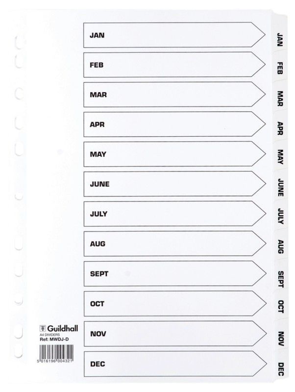 Guildhall Exacompta Index Jan-Dec A4 160gsm Card White with White Myla - Image 1