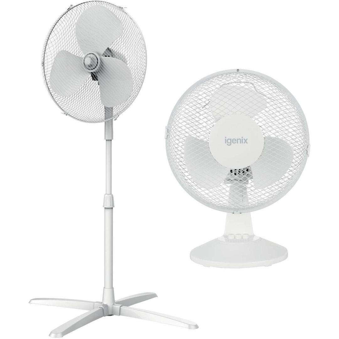 Igenix 12 Inch Desk Fan and 16 Inch Pedestal Fan - White - Image 1