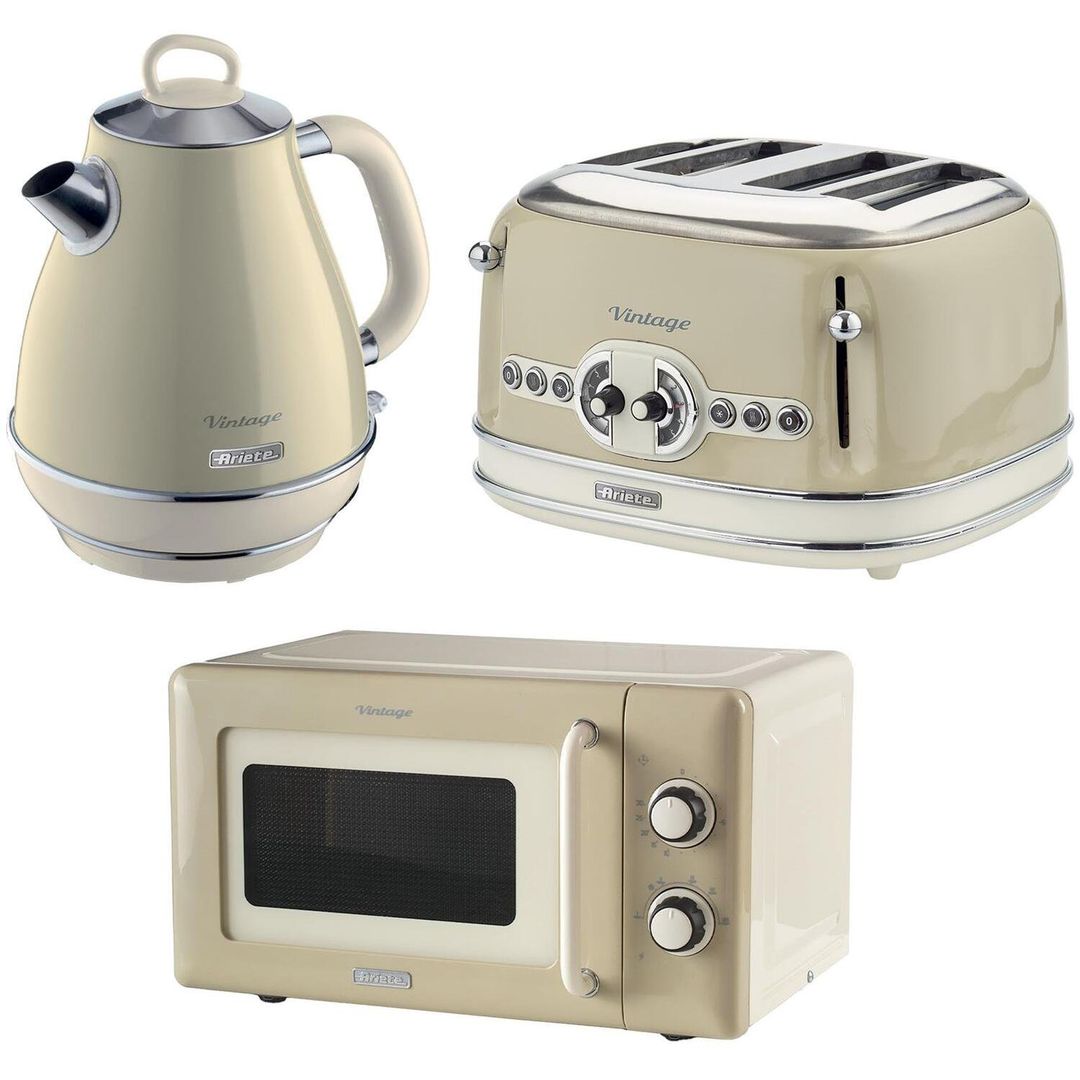 ARIETE Vintage ARPK61 Microwave, Jug Kettle & 4-Slice Toaster Bundle - Cream, Cream - Image 1