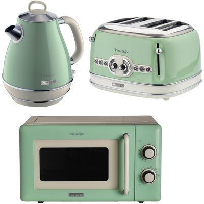 ARIETE Vintage ARPK62 Microwave, Jug Kettle & 4-Slice Toaster Bundle - Green, Green