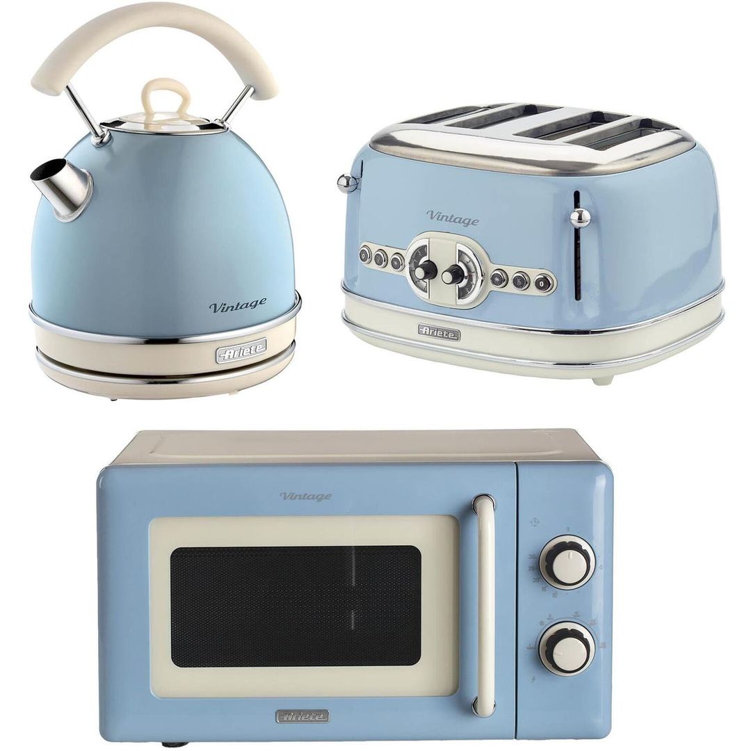 ARIETE Vintage ARPK69 Microwave, Traditional Kettle & 4-Slice Toaster Bundle - Blue, Blue - Image 1