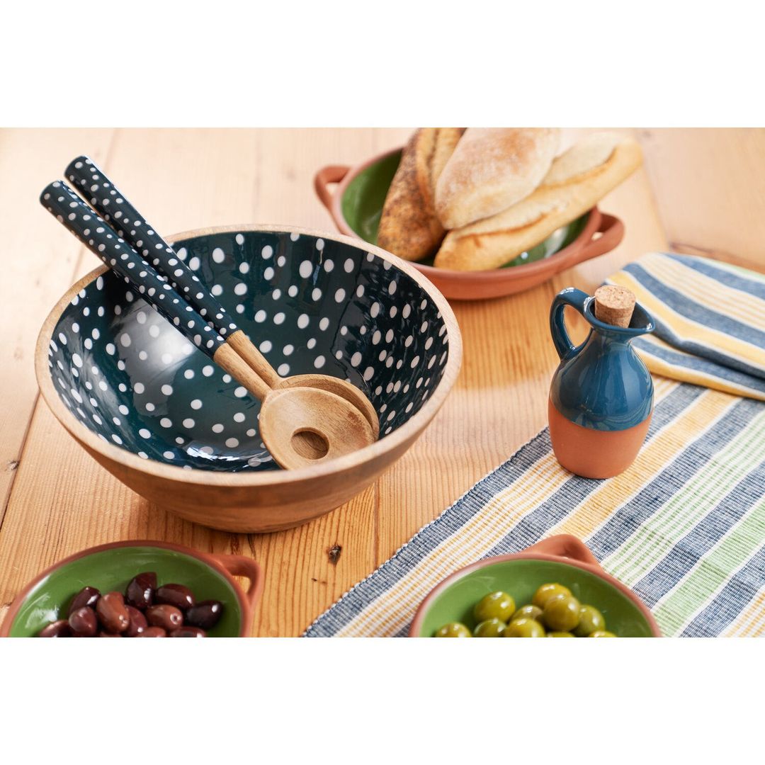 Dexam Sintra Mango Wood Spotted Salad Bowl and servers - Ink Blue - Ink Blue - Image 1
