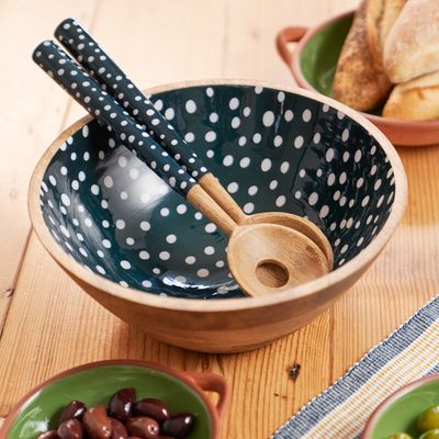 Dexam Sintra Mango Wood Spotted Salad Bowl and servers - Ink Blue - Ink Blue - Thumbnail 2