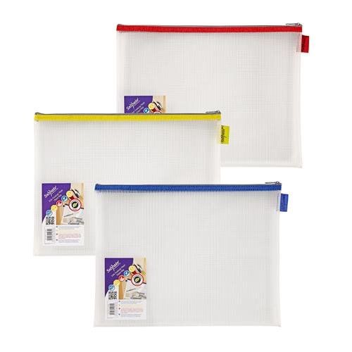 Snopake Mesh Zippa Bag EVA Foolscap 300 Micron Assorted Colours (Pack 3) - 15819 - Image 1