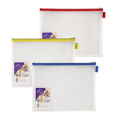 Snopake Mesh Zippa Bag EVA Foolscap 300 Micron Assorted Colours (Pack 3) - 15819