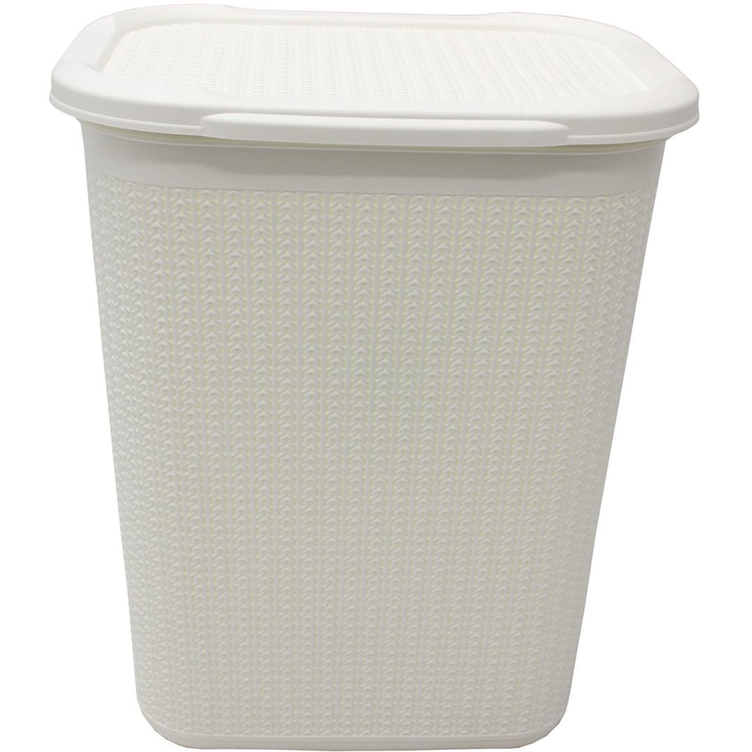 50L Knit Design Plastic Lidded Laundry Basket - White - Image 1