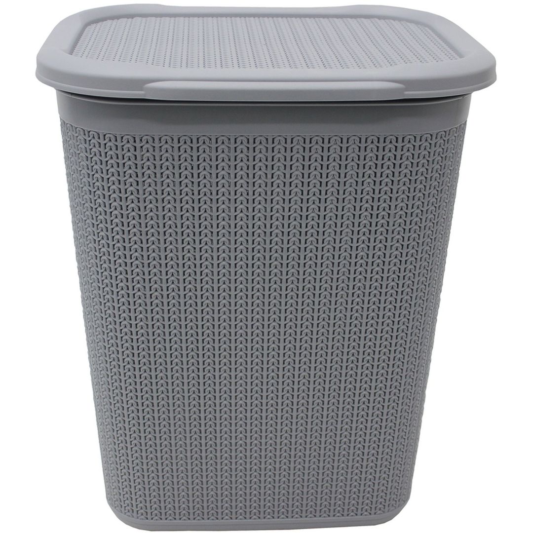 50L Knit Design Loop Plastic Rectangular Lidded Washing Laundry Basket - Grey - Image 1