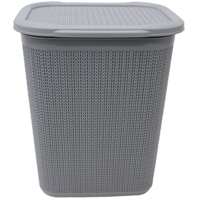 50L Knit Design Loop Plastic Rectangular Lidded Washing Laundry Basket - Grey