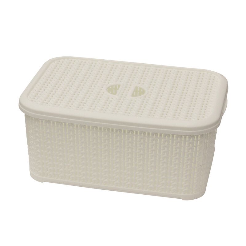 Knit Design Loop Plastic Lidded Rectangular Storage Basket - White - Image 1