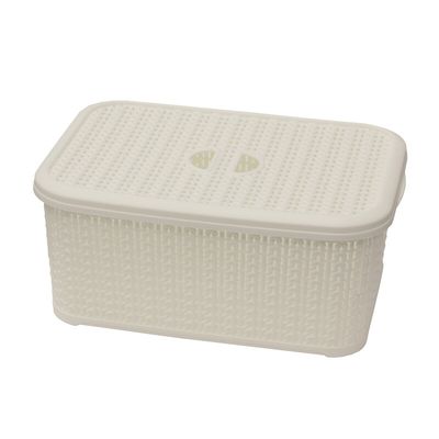 Knit Design Loop Plastic Lidded Rectangular Storage Basket - White