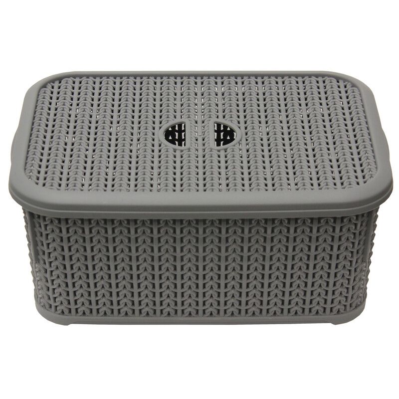 Grey Knit Design Loop Plastic Lidded Rectangular Storage Basket - Grey - Image 1