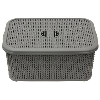 Grey Knit Design Loop Plastic Lidded Rectangular Storage Basket - Grey