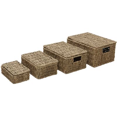 JVL Seagrass Set of 4 Rectangular Lidded Storage Baskets - Brown