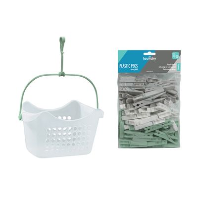 Peg Basket with 100 Plastic Clothes Pegs - Assorted