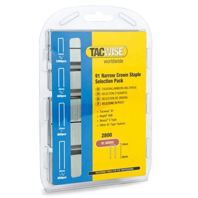 Tacwise 91 Narrow Crown Divergent Point Staples Selection - Electric Tackers Pack 2800 - Grey