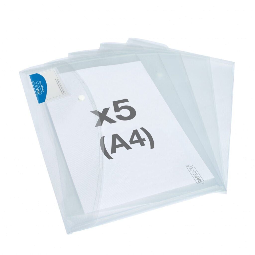 Rapesco ECO Recycled A4 ID Popper Wallet Clear Pack of 5 - Image 1