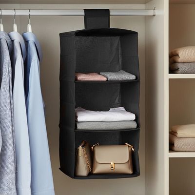3 Sections Black Hanging Garment Organiser - Black