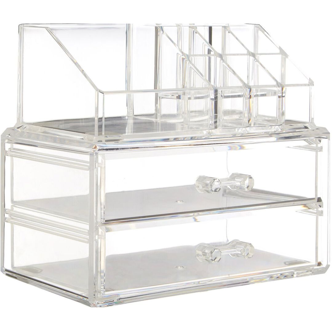 Beauty 9 Compartment Cosmetics Organiser With 2 Drawers - Clear - Image 1