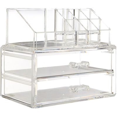 Beauty 9 Compartment Cosmetics Organiser With 2 Drawers - Clear