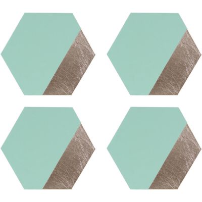Geome Set of 4 Leather Effect Dipped Jade And Silver Hexagon Placements - Silver, Green