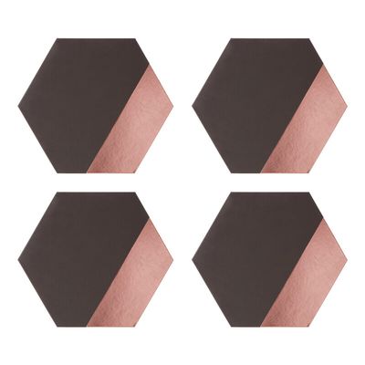 Geome Set of 4 Leather Effect Grey And Rose Gold Hexagon Placements - Grey, Gold
